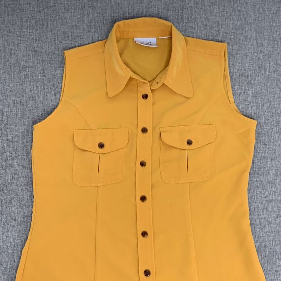 Kathie Lee Collection Sleeveless Button Down Top Collared Yellow Medium Pockets - Picture 3 of 9